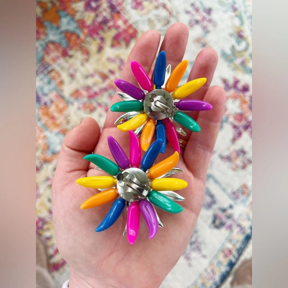 80’s Clip on Chrome and Coloured Party Earrings - Picture 3 of 4
